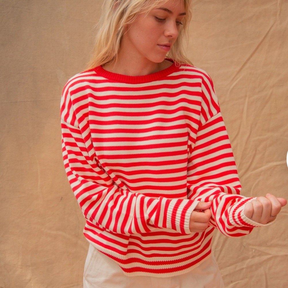 Sonderhaus Striped Red and White Cotton Crew Neck Sweater